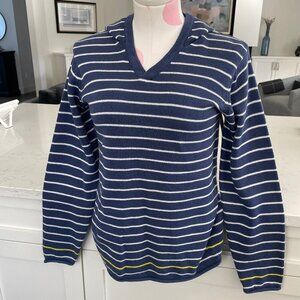 Cherokee Heritage C-73 V Neck Cotton Knit Stripped Hoodie Blue Wht Yel Sz S NWT
